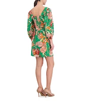 Vince Camuto Linen Blend Floral Print Square Neck 3/4 Sleeve A-Line Pocketed Dress