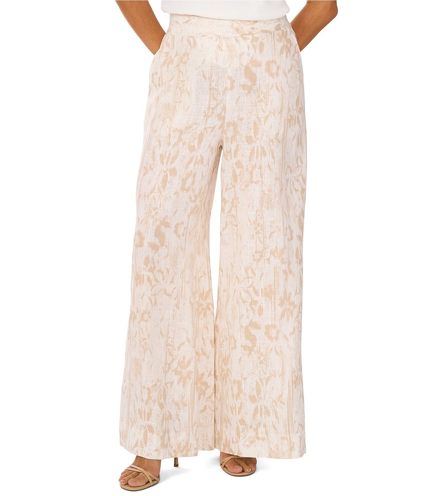 Vince Camuto Linen Printed Wide-Leg Pull On Pants