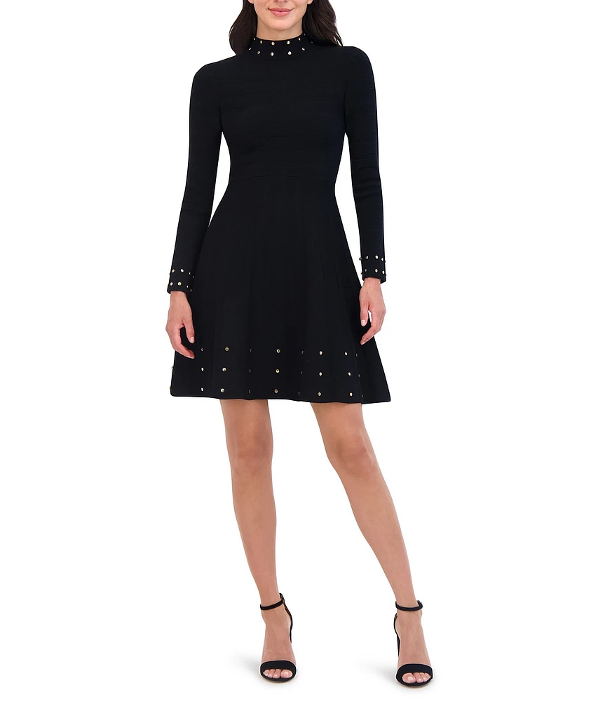 Vince Camuto Long Sleeve Mock Neck Studded Fit And Flare Dress