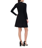 Vince Camuto Long Sleeve Mock Neck Studded Fit And Flare Dress