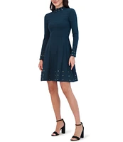 Vince Camuto Long Sleeve Mock Neck Studded Fit And Flare Dress