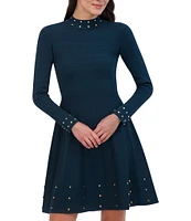 Vince Camuto Long Sleeve Mock Neck Studded Fit And Flare Dress