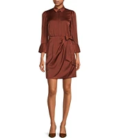 Vince Camuto 3/4 Sleeve Point Collar Faux Wrap Satin Shirt Dress