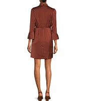 Vince Camuto 3/4 Sleeve Point Collar Faux Wrap Satin Shirt Dress