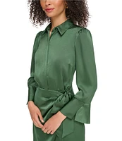 Vince Camuto 3/4 Sleeve Point Collar Faux Wrap Satin Shirt Dress