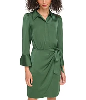 Vince Camuto 3/4 Sleeve Point Collar Faux Wrap Satin Shirt Dress