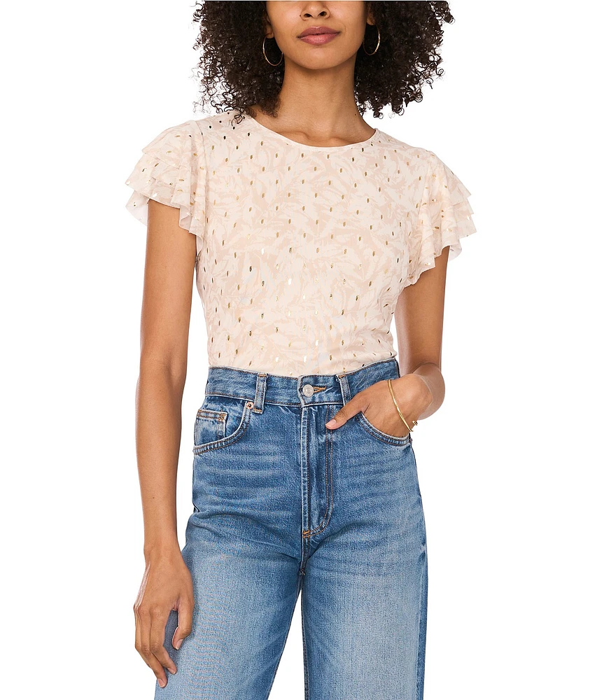 Vince Camuto Metallic Mesh Knit Round Neck Ruffle Short Sleeve Blouse