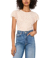 Vince Camuto Metallic Mesh Knit Round Neck Ruffle Short Sleeve Blouse