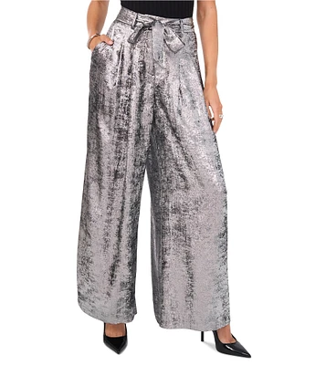 Vince Camuto Metallic Pleated Wide-Leg Belted Trouser