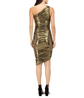 Vince Camuto Metallic Ruched Sheath Asymmetrical Neck Sleeveless One Shoulder At the Knee Dress