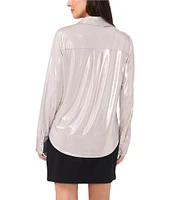 Vince Camuto Metallic Slink Jersey Point Collar Button Front Long Sleeve Blouse