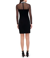 Vince Camuto Mixed Media Jewel Mock Neck Sheer Illusion Mesh Long Sleeve Ruch Velvet Bodycon Mini Dress