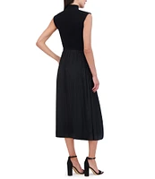 Vince Camuto Mixed Media Sweater Bodice Mock Neck Sleeveless Satin Drop Waist Trapeze Flounce Midi Dress