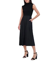 Vince Camuto Mixed Media Sweater Bodice Mock Neck Sleeveless Satin Drop Waist Trapeze Flounce Midi Dress