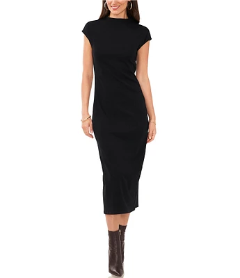 Vince Camuto Mock Neck Cap Sleeve Ribbed Knit Midi Sheath Dress