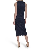 Vince Camuto Mock Neck Sleeveless Shirred Lace Bodycon Midi Dress