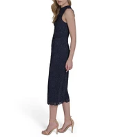 Vince Camuto Mock Neck Sleeveless Shirred Lace Bodycon Midi Dress