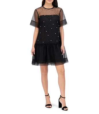 Vince Camuto Novelty Organza Jeweled Round Neck Short Sleeve Shift Dress