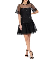 Vince Camuto Novelty Organza Jeweled Round Neck Short Sleeve Shift Dress