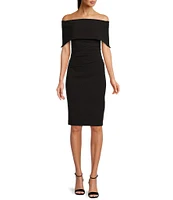 Vince Camuto Off-the-Shoulder Short Sleeve Ruched Waist Knee Length Sheath Dress