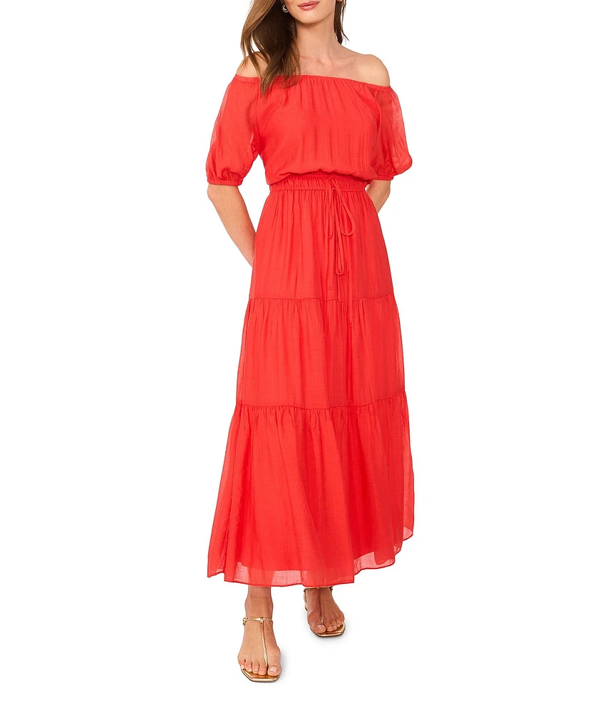 Vince Camuto Off-The Shoulder Short Sleeve Tiered Maxi Dress