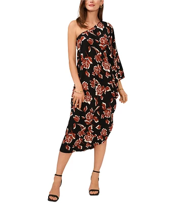 Vince Camuto One Shoulder 3/4 Sleeve Floral Print Midi Caftan Dress