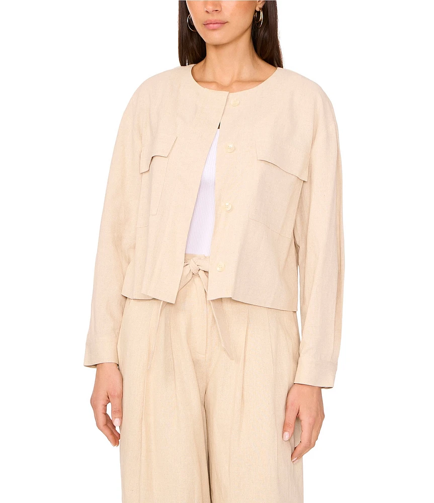 Vince Camuto Open Neck Long Sleeve Double Pocket Button Front Cropped Jacket