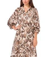 Vince Camuto Paisley Woven Split V-Neck Tie Front Long Sleeve Smocked Fit and Flare Maxi Dress