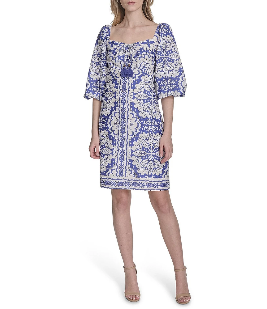 Vince Camuto Placement Print Square Neck 3/4 Sleeve Tie Front Shift Dress
