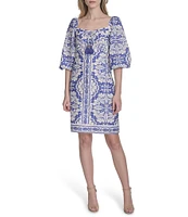 Vince Camuto Placement Print Square Neck 3/4 Sleeve Tie Front Shift Dress