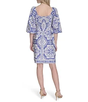 Vince Camuto Placement Print Square Neck 3/4 Sleeve Tie Front Shift Dress
