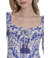 Vince Camuto Placement Print Square Neck 3/4 Sleeve Tie Front Shift Dress