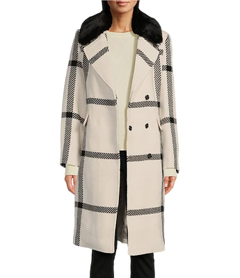 Vince Camuto Plaid Notch Collar Removable Faux Fur Snap Front Wool Blend Walker Coat