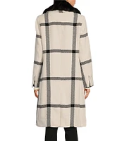 Vince Camuto Plaid Notch Collar Removable Faux Fur Snap Front Wool Blend Walker Coat