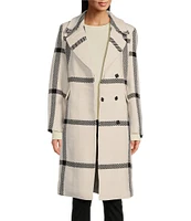 Vince Camuto Plaid Notch Collar Removable Faux Fur Snap Front Wool Blend Walker Coat