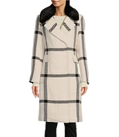 Vince Camuto Plaid Notch Collar Removable Faux Fur Snap Front Wool Blend Walker Coat