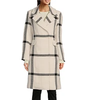 Vince Camuto Plaid Notch Collar Removable Faux Fur Snap Front Wool Blend Walker Coat