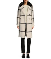 Vince Camuto Plaid Notch Collar Removable Faux Fur Snap Front Wool Blend Walker Coat