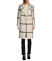 Vince Camuto Plaid Notch Collar Removable Faux Fur Snap Front Wool Blend Walker Coat