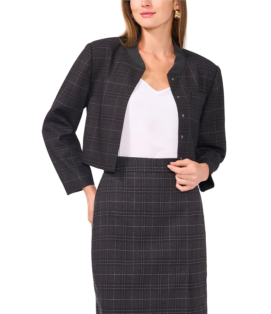 Vince Camuto Plaid Suiting Woven Band Collar Long Sleeve Snap Front Cropped Bomber Jacket