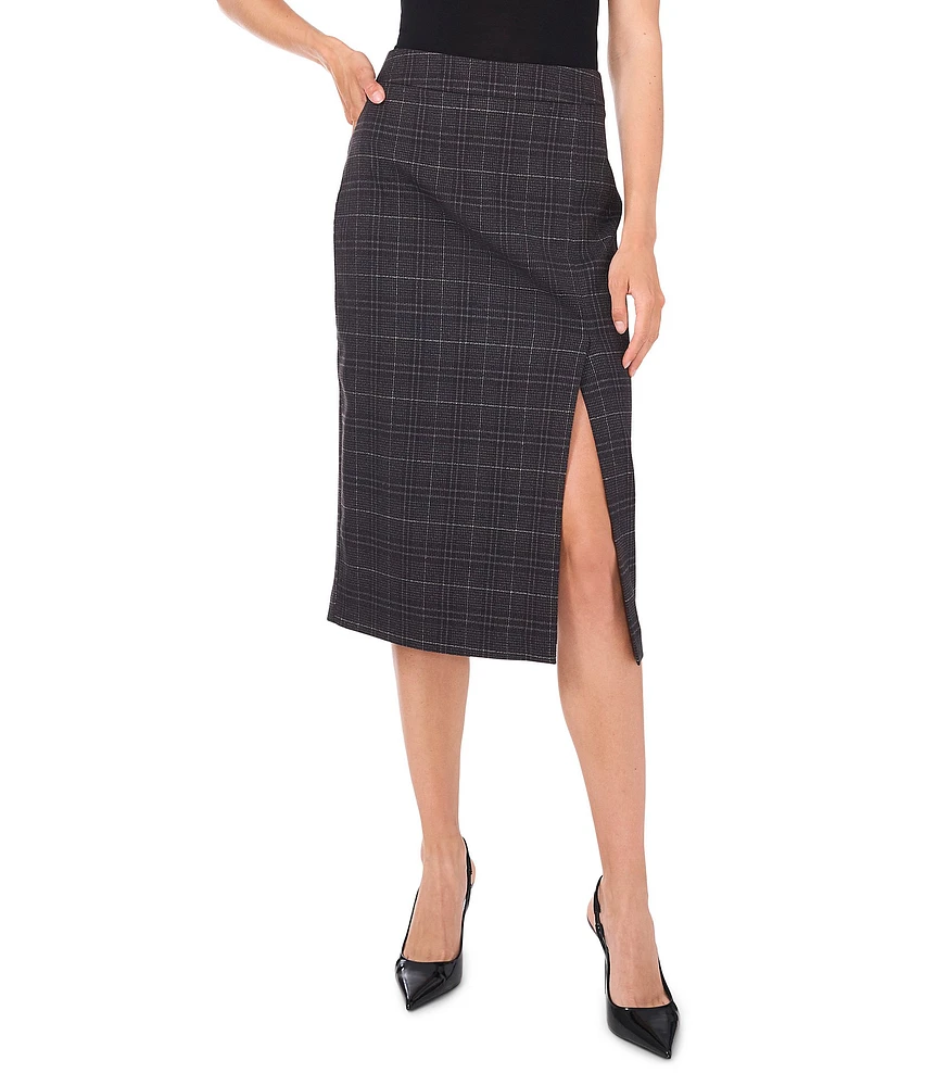 Vince Camuto Plaid Suiting Woven High Rise Pencil Side Slit Hem Midi Skirt