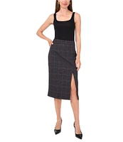 Vince Camuto Plaid Suiting Woven High Rise Pencil Side Slit Hem Midi Skirt