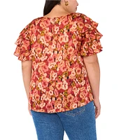 Vince Camuto Plus Floral Print Woven Satin Yoryu Crew Neck Short Flutter Sleeve Blouse