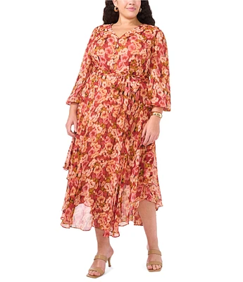 Vince Camuto Plus Floral Satin Yoryu V-Neck Long Blouson Sleeve Button Front Tie at Waist A-Line Flounce Shirttail Midi Dress