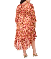 Vince Camuto Plus Floral Satin Yoryu V-Neck Long Blouson Sleeve Button Front Tie at Waist A-Line Flounce Shirttail Midi Dress