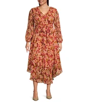 Vince Camuto Plus Floral Satin Yoryu V-Neck Long Blouson Sleeve Button Front Tie at Waist A-Line Flounce Shirttail Midi Dress