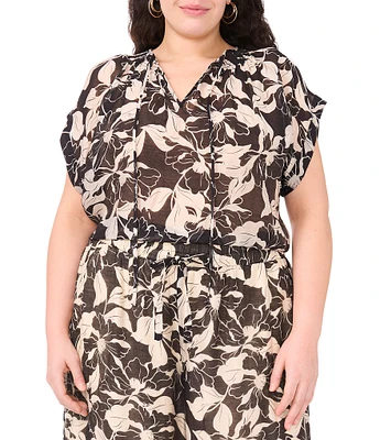Vince Camuto Plus Flutter Sleeve Tie Front Split Round Neckline Printed Blouse