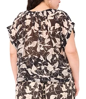 Vince Camuto Plus Flutter Sleeve Tie Front Split Round Neckline Printed Blouse