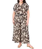 Vince Camuto Plus Flutter Sleeve Tie Front Split Round Neckline Printed Blouse