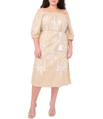 Vince Camuto Plus Off-The-Shoulder 3/4 Sleeve Belted Shift Midi Dress